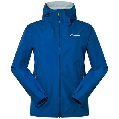 A blue waterproof jacket with a hood is displayed with arms outstretched showing its design. The background is neutral emphasizing the garment's color and features including zippers and cuffs.