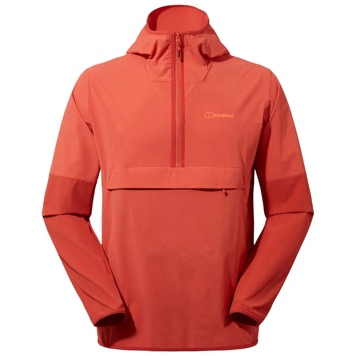 A vibrant orange hooded jacket features a half-zip front and long sleeves, designed for outdoor activities, showcasing a sleek and functional style suitable for various weather conditions.