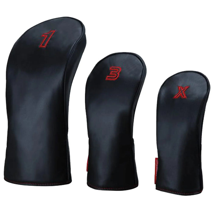 Three black golf club headcovers are displayed in varying sizes labeled 1 3 and X. They have a smooth surface and contrasting red stitching in a clean background.