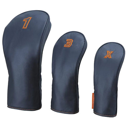 Three golf club headcovers are displayed in a row featuring numbers 1 3 and X stitched in orange on a dark background each headcover has a sleek design and is made of durable material