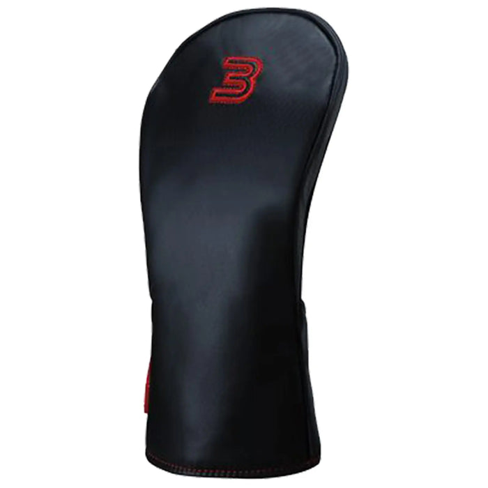 A black golf headcover stands upright showcasing a sleek design with a prominent red logo number three it is designed to protect a golf club head in a typical outdoor golfing context.