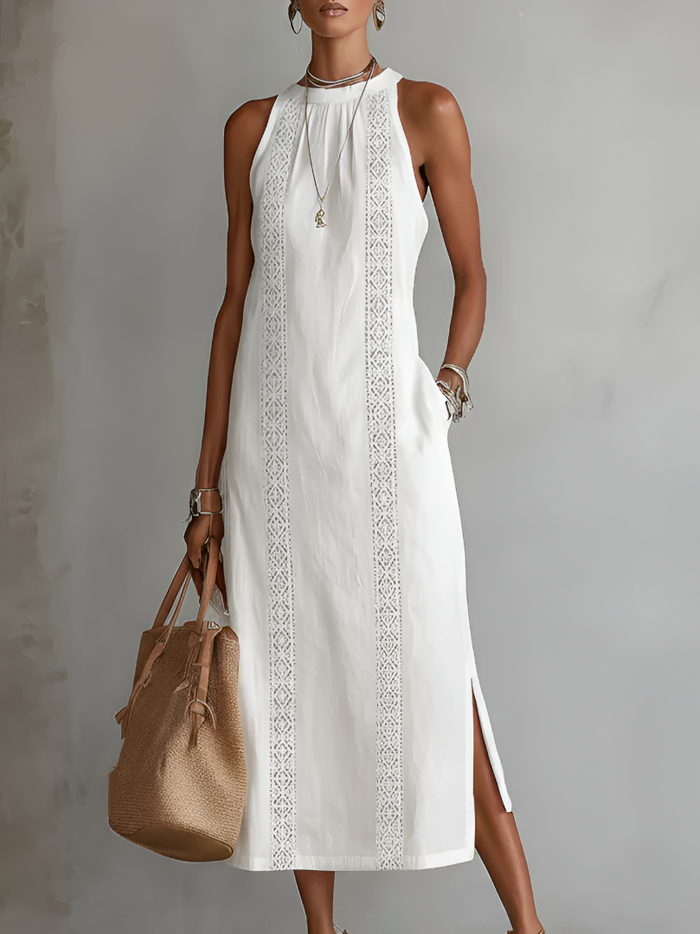Jimena | Linen Midi Dress with Mao Collar 0