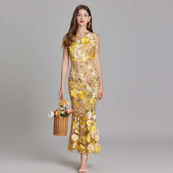 Women's Sheer Summer Dress with Floral Embroidery 0