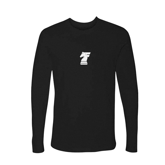 Black long-sleeve shirt with a white logo on a white background