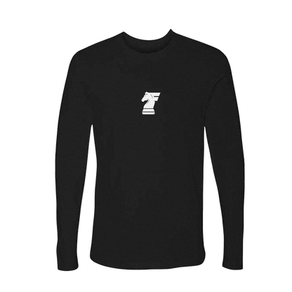 Black long-sleeve shirt with a white logo on a white background