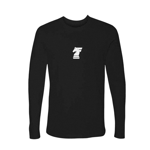 Black long-sleeve shirt with a white logo on a white background