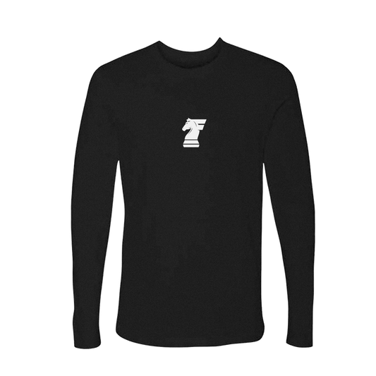 Black long-sleeve shirt with a white logo on a white background