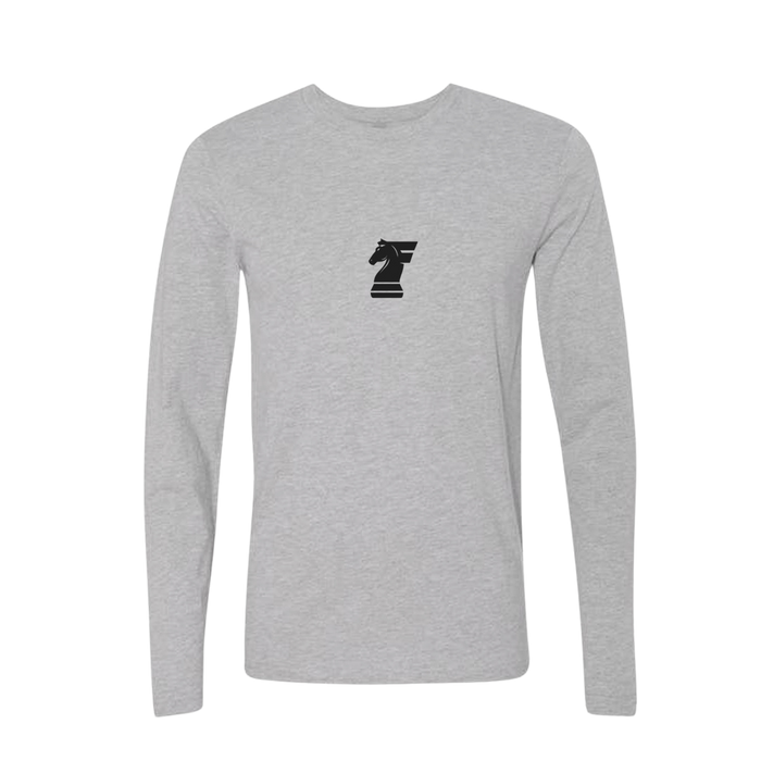 Gray long-sleeve shirt with a black logo on a white background