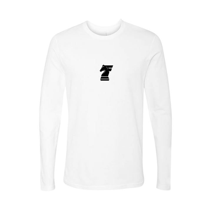 White long-sleeve shirt with a black logo on a white background