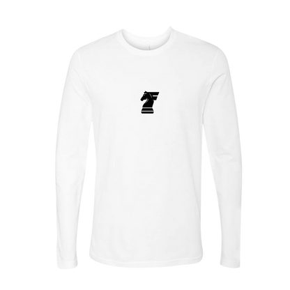 White long-sleeve shirt with a black logo on a white background
