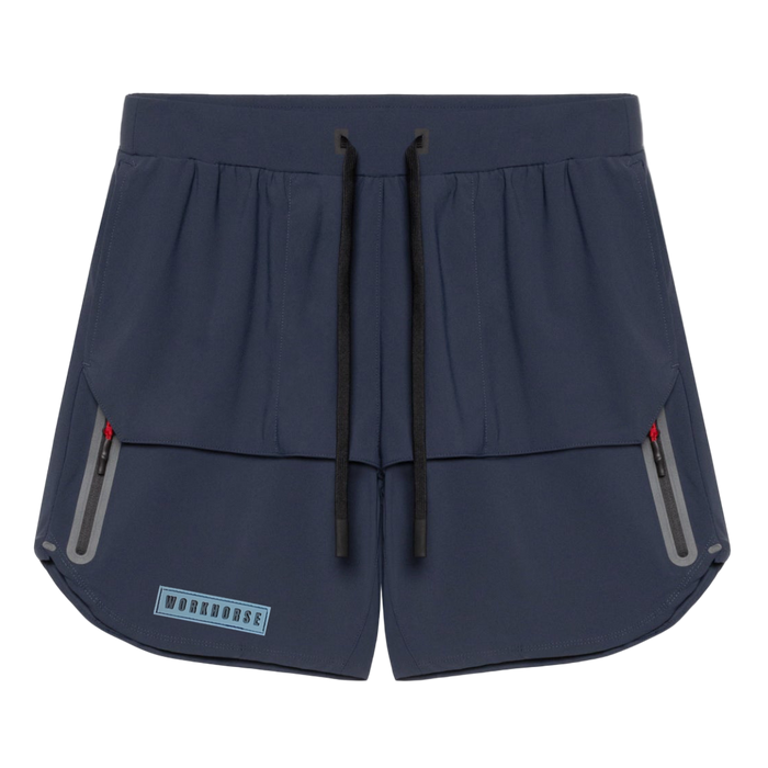Navy blue athletic shorts with zippers on a white background