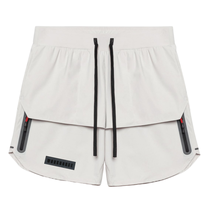 Light gray shorts with black drawstrings and red accents on a white background