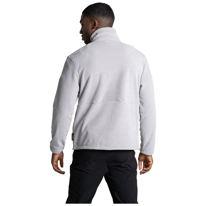 A person is wearing a light gray fleece jacket with a high collar while facing slightly away from the viewer in a neutral background setting.
