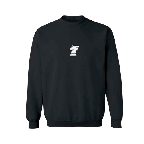 Black sweatshirt with a white logo on a white background