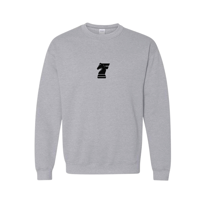 Gray sweatshirt with a black logo on a white background
