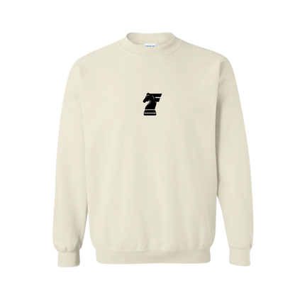 Beige sweatshirt with a black logo on a white background