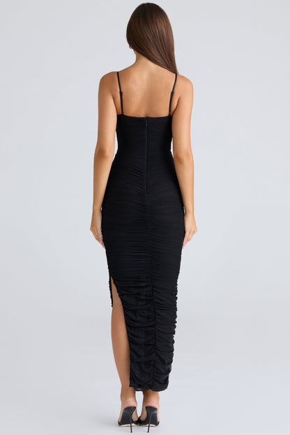 black gathered stretch mesh maxi dress