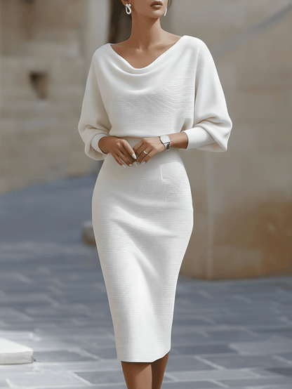 Elysia White Midi Dress | Draped Cowl Neck, Long Batwing Sleeves 0