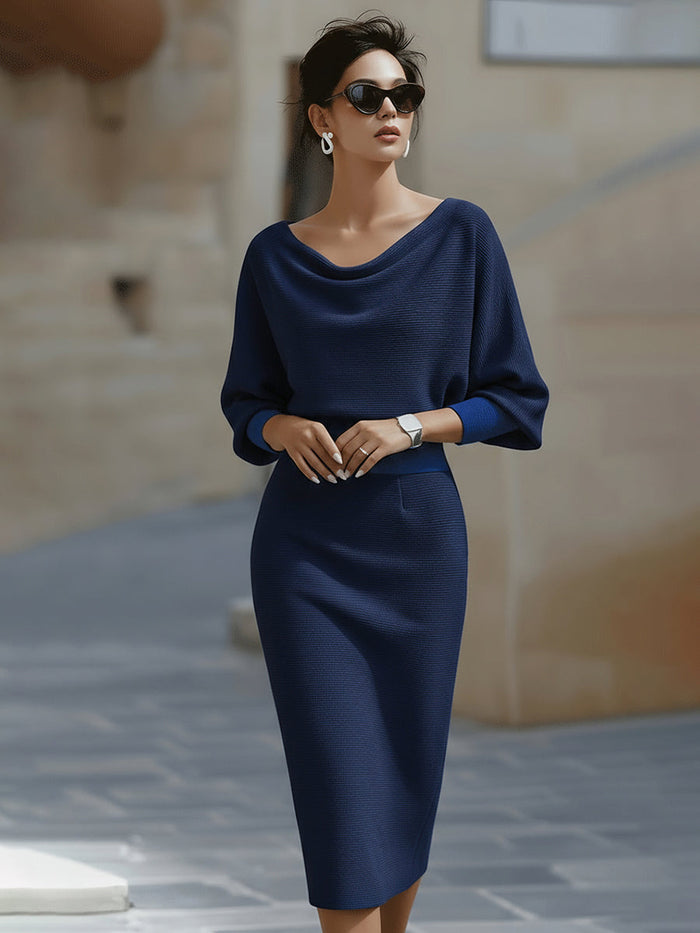Elysia White Midi Dress | Draped Cowl Neck, Long Batwing Sleeves 1