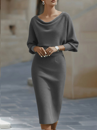 Elysia White Midi Dress | Draped Cowl Neck, Long Batwing Sleeves 2