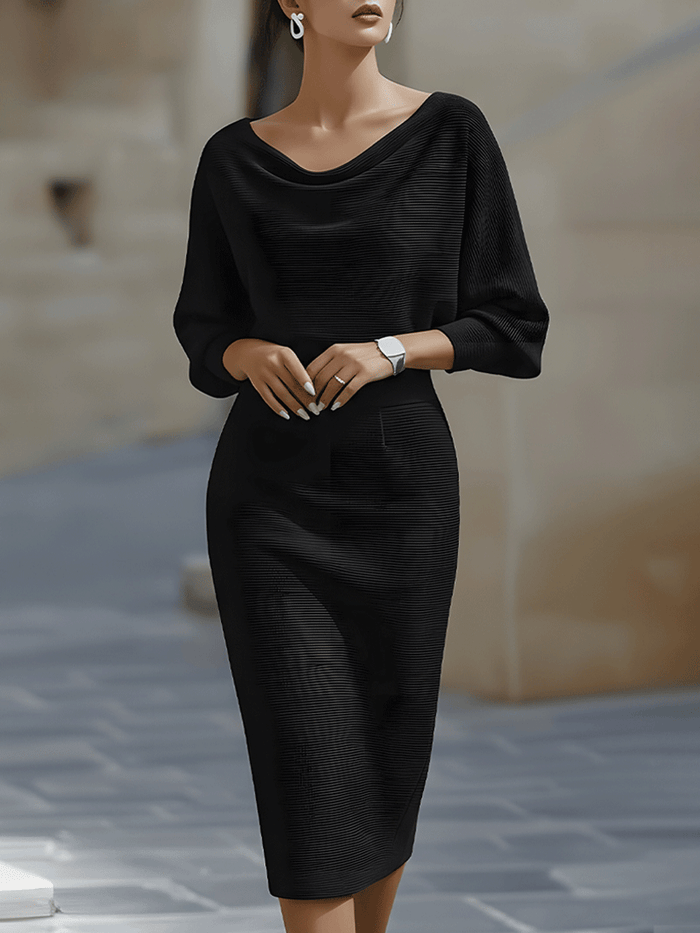 Elysia White Midi Dress | Draped Cowl Neck, Long Batwing Sleeves 3