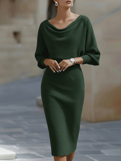 Elysia White Midi Dress | Draped Cowl Neck, Long Batwing Sleeves 5