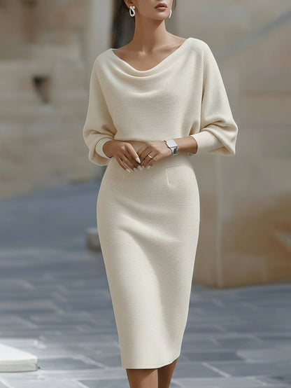 Elysia White Midi Dress | Draped Cowl Neck, Long Batwing Sleeves 6