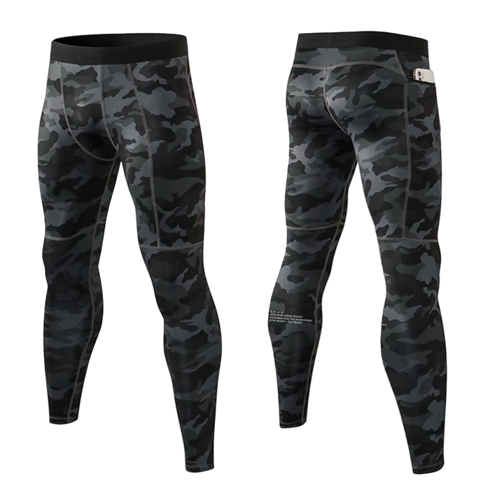 Black and gray camouflage leggings on a white background