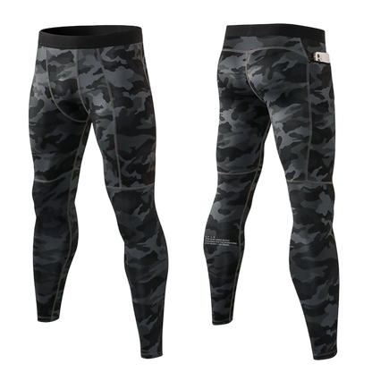Black and gray camouflage leggings on a white background
