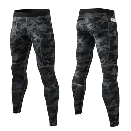 Black and gray camouflage leggings on a white background