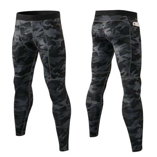 Black and gray camouflage leggings on a white background