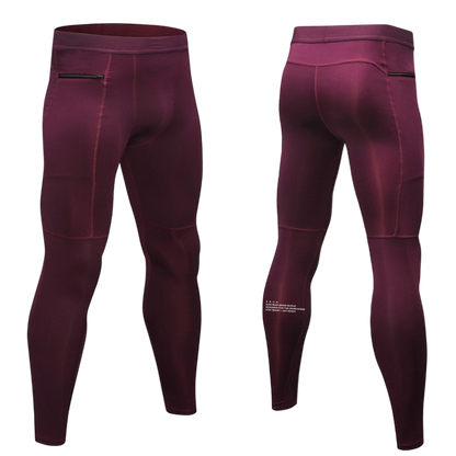 Maroon compression leggings shown from front and side views on a white background