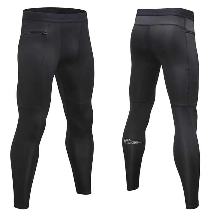 Black compression leggings shown from front and back on a white background