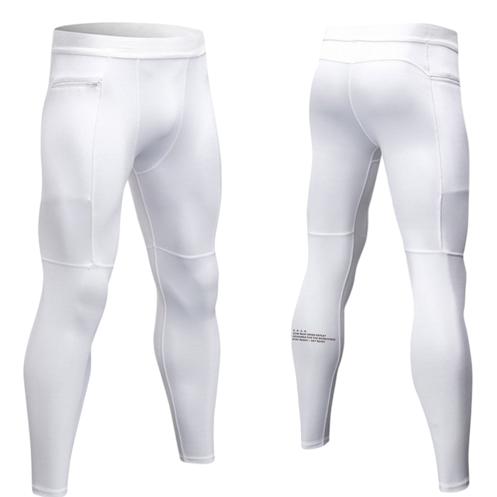 White compression leggings shown from front and back on a white background