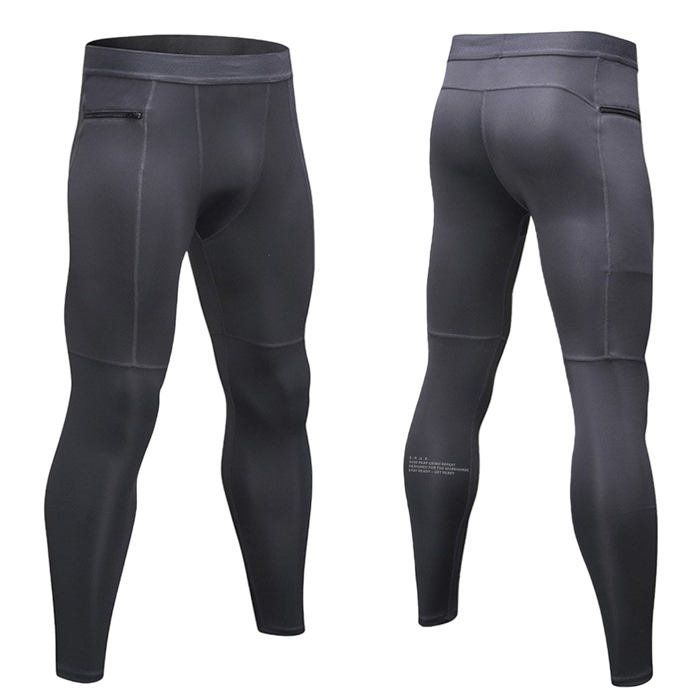 Gray compression leggings shown from front and back on a white background