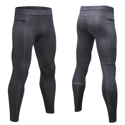 Gray compression leggings shown from front and back on a white background