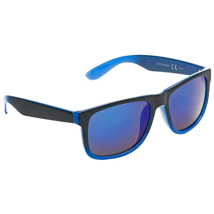 Sunglasses with a black frame and blue accents rest horizontally with dark lenses reflecting light showcasing a casual style suitable for outdoor activities.