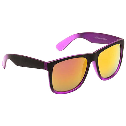 Colorful sunglasses are positioned at an angle displaying their vibrant yellow mirrored lenses and bold black and purple frame in a neutral setting without distractions.