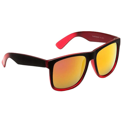 Stylish sunglasses with black frames and reflective yellow lenses are displayed against a plain background showcasing a modern design ideal for sunny environments.