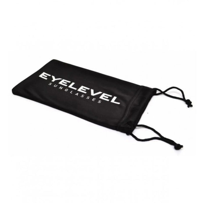 A black drawstring pouch is lying flat displaying the text EYELEVEL SUNGLASSES with the drawstrings positioned on one side in a plain background.