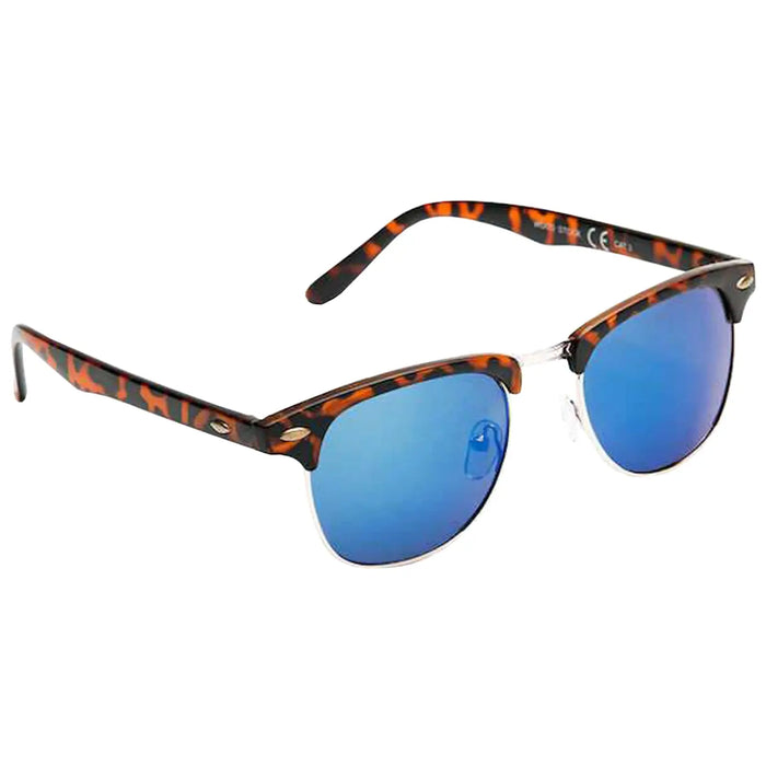 Sunglasses with a tortoiseshell pattern frame and blue tinted lenses rest with their arms extended the background is plain and white highlighting the design of the sunglasses