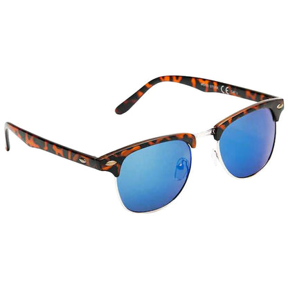 Sunglasses with a tortoiseshell pattern frame and blue tinted lenses rest with their arms extended the background is plain and white highlighting the design of the sunglasses