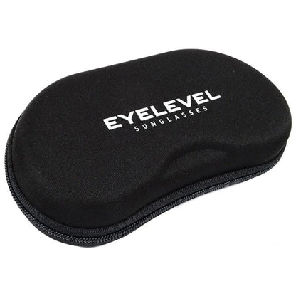 A black sunglasses case is closed and resting on a flat surface displaying the brand name EYELEVEL in white letters against the textured fabric of the case.