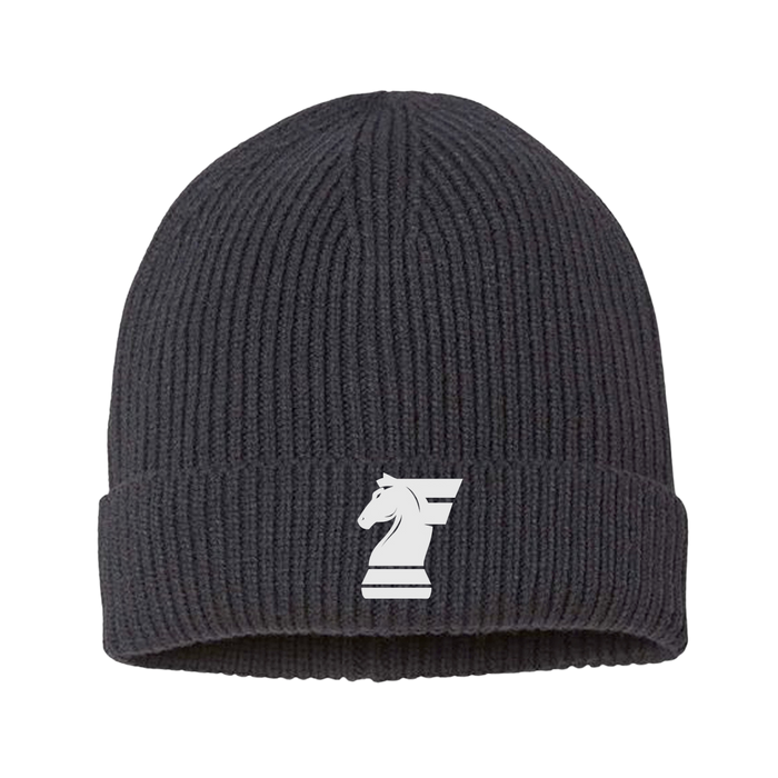 Black beanie with a white logo on a white background
