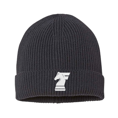 Black beanie with a white logo on a white background