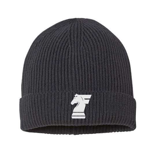 Black beanie with a white logo on a white background