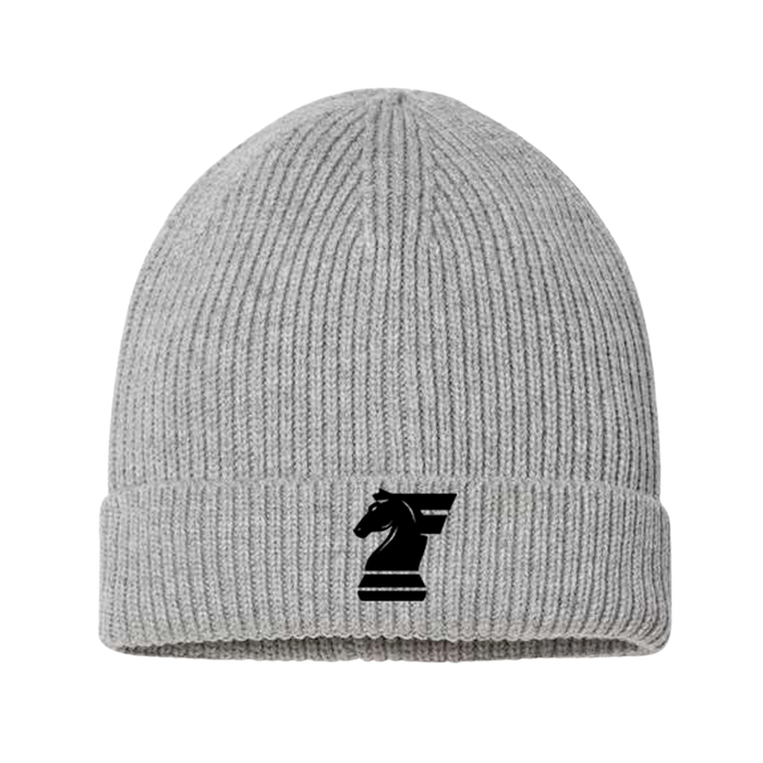 Gray beanie with a black logo on a white background