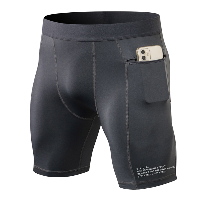Dark gray athletic shorts with a pocket holding a phone on a white background