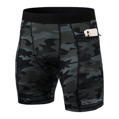 Black camouflage shorts with a phone in the pocket on a white background