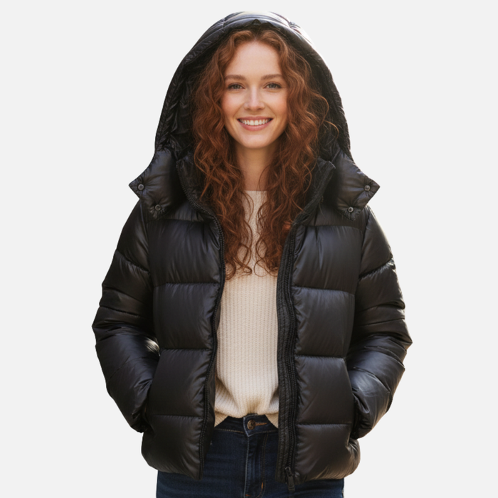 Glossy Puffer Jacket with Hood for Women
